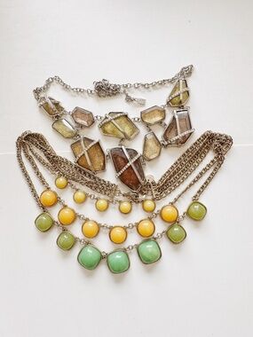 Statement Necklace Set 2pcs Chunky Beaded Chain Yellow Green Stone Gold Tone